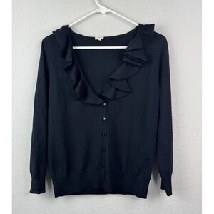 J. Crew Cardigan 100% Merino Wool Women's L Ruffle Collar Button Front Black